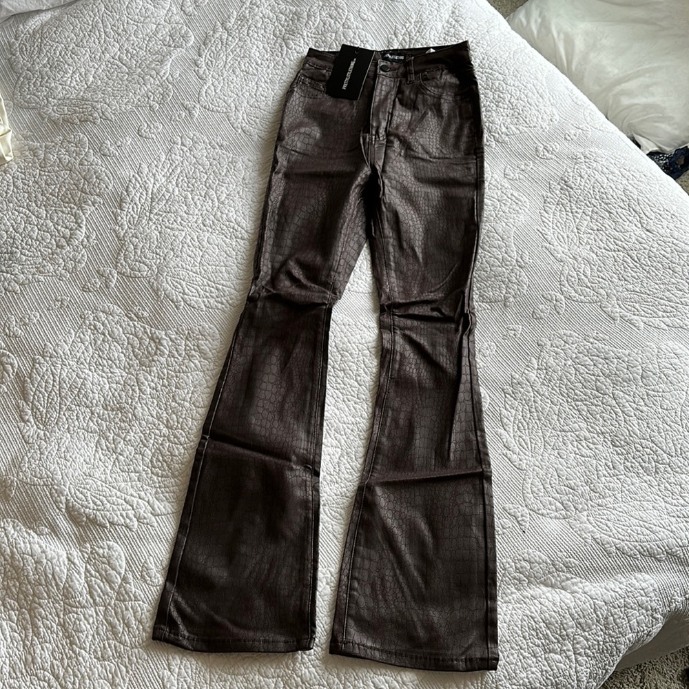 Chocolate Brown Croc Coated Flare Jeans
